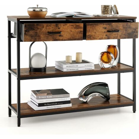 Goplus – Table console industrielle 100x30x80 cm – Cadre métallique – 2 tiroirs amovibles – 2 étagères ouvertes – Marron rustique