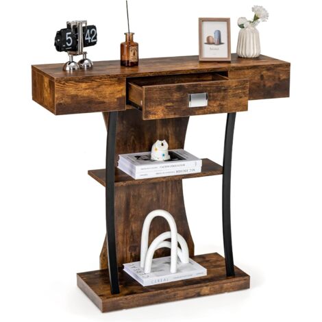 Goplus – Table console industrielle 3 niveaux – Tiroir coulissant – Dimensions 91x30x88 cm – MDF et métal – Dispositif anti-basculement