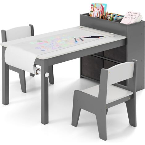 GOPLUS Table d'Activités et d'Art avec 2 Chaises pour Enfants-Rouleau de Papier-Support-Etagères de Rangement-4 Bacs en Tissu-Gris
