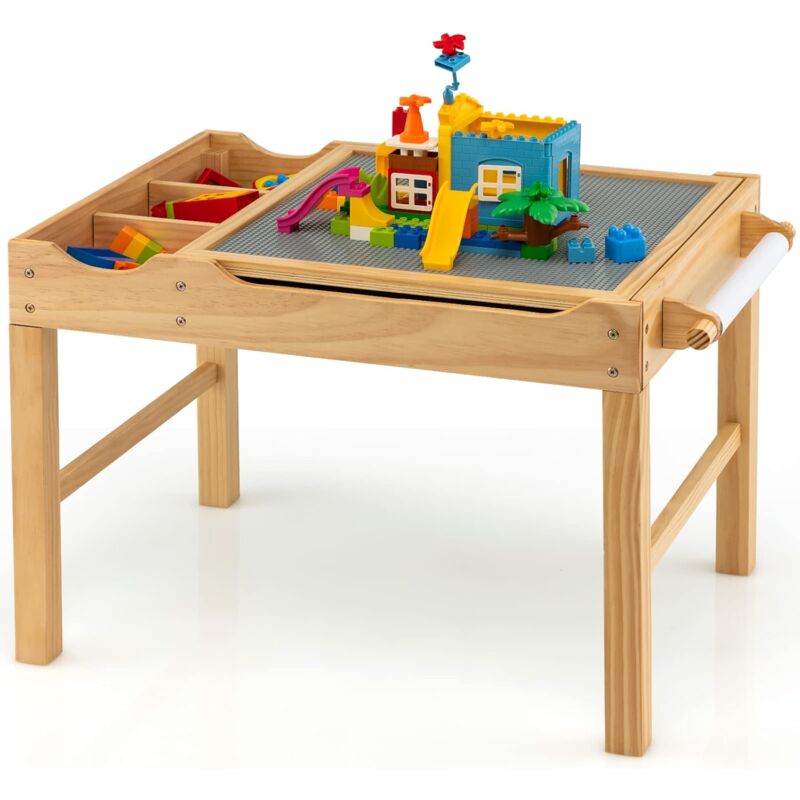 Goplus - Table d'Activités pour Enfant 3 Ans+,Table de Construction2 en 1 avec Plateau Réversible et Espace de Stockage Classé,Naturel
