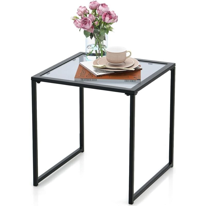 GOPLUS Table Basse Carrée avec Plateau en Verre Trempé de 43 cm-Intérieure et Extérieure-Cadre en Métal-pour Salon/Jardin