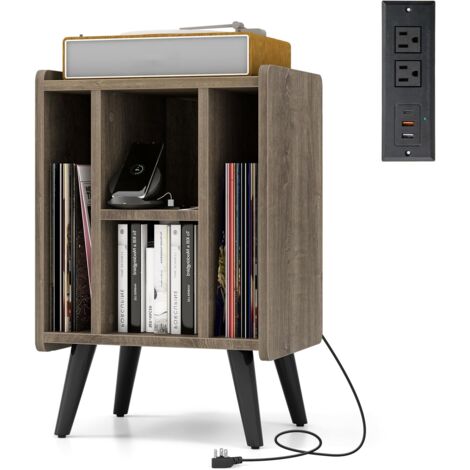 Goplus – Table d'appoint avec station de charge – 2 prises CA, 2 USB, 1 Type-C – Rangement vinyle, 4 compartiments – Chêne gris, 43x34,5x67,5cm