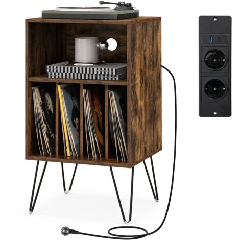 GOPLUS Table d'Appoint avec Station de Charge USB Type C, Armoire de Rangement, Bout de Canapé Bureau,Salon avec Pieds en Métal, 5 Etagère de Rangement Dossier Vinyle, 53 x 46 x 87 CM, Industriel