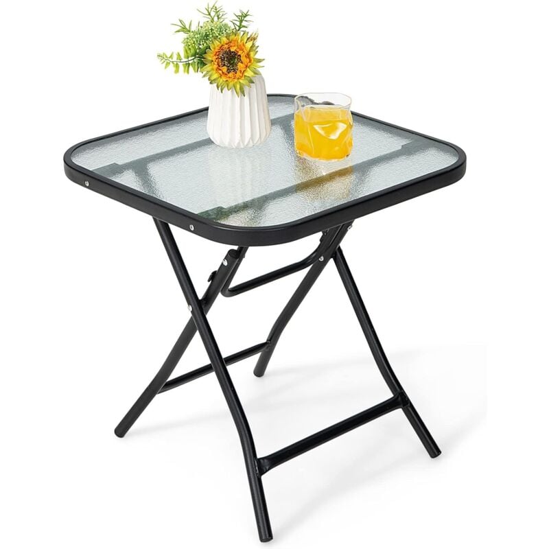 Table de Jardin Carrée Pliable en Verre 46x46x42CM-Charge 25KG-Cadre en Fer-Verre de l'Eau Ondulé-pour Patio/Terrasse - Goplus