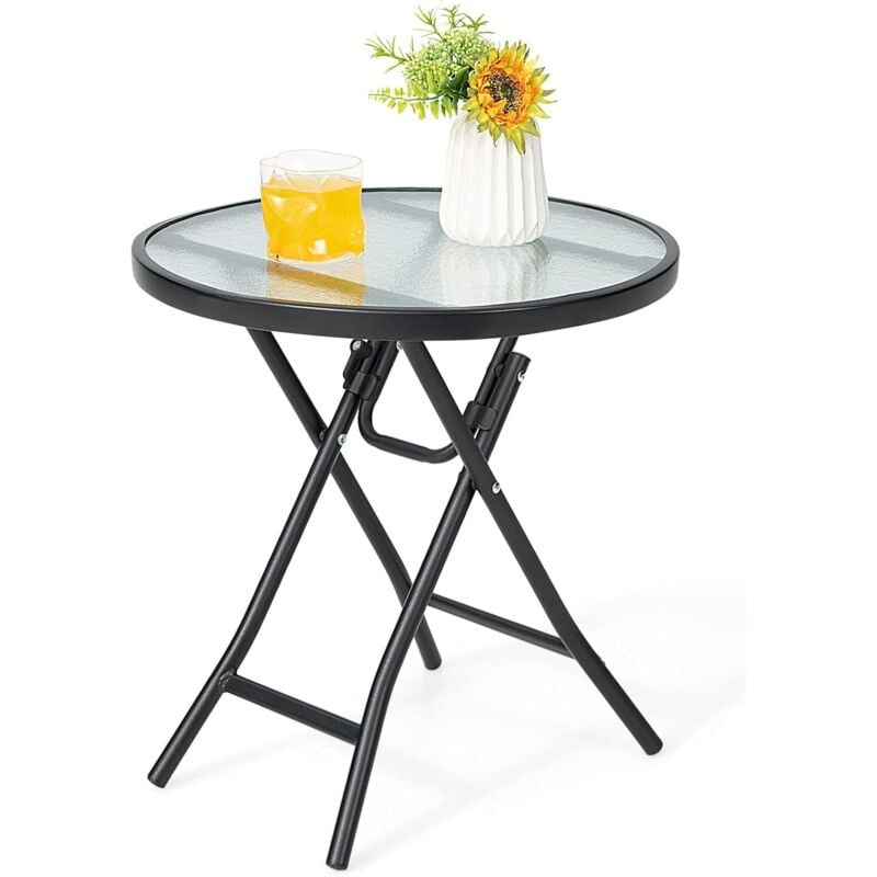GOPLUS Table de Jardin Ronde Pliable en Verre 46,5x46,5x47CM-Charge 50KG-Cadre en Fer-Verre de l’Eau Ondulé-pour Patio/Terrasse
