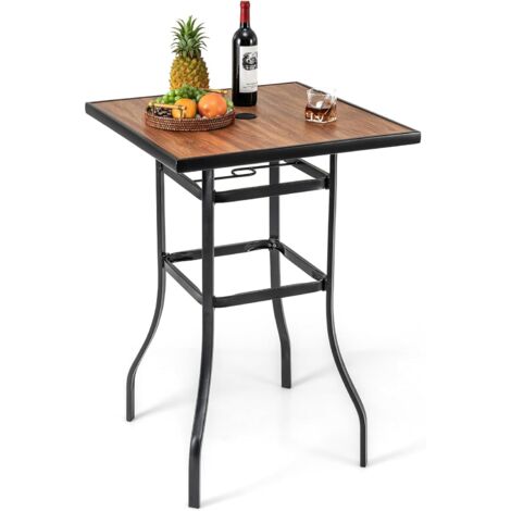 GOPLUS Table de Bar Carrée, Table de Jardin d'Extérieur avec Trou pour Parasol de 39mm, Plateau Imitation Bois et Cadre en Métal Robuste, Table Haute de Bistrot 70x70x102CM, pour Patio, Terrasse