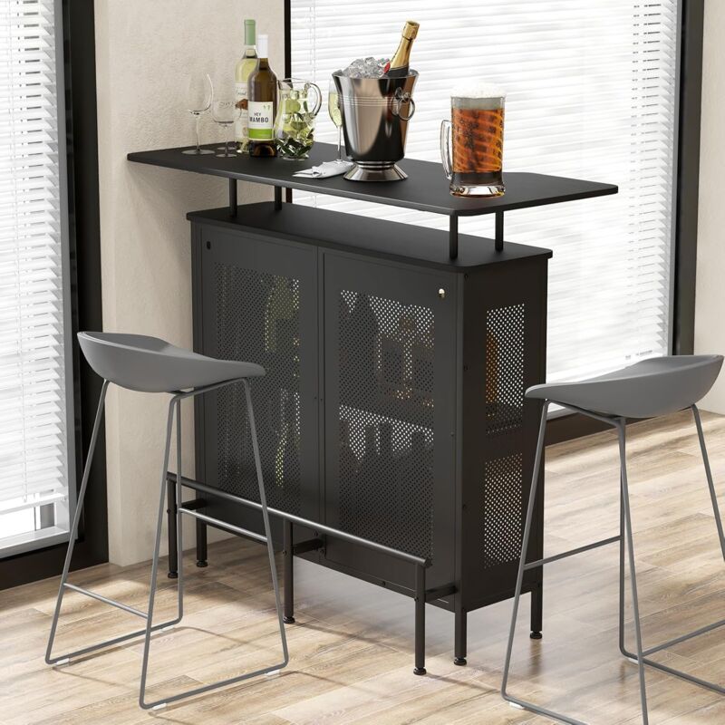 Goplus - Table de Bar en Cadre Métallique, Meuble de Cuisine avec Étagère Ouverte & 6 Supports pour Vin, Table Bar avec Repose-Pieds Ergonomiques