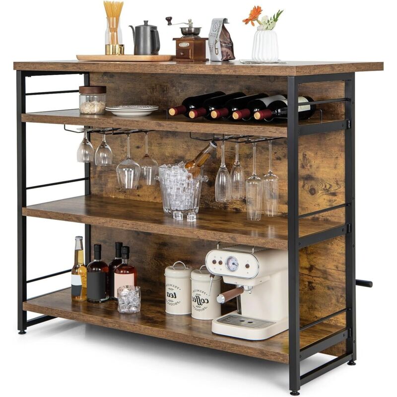 Goplus - Table de Bar Industrielle, Îlot de Cuisine avec Plan de Travail, Étagères, Casier à Vin, Porte-verres & Repose-pieds, Marron