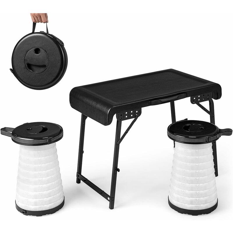 Goplus - Table de Camping avec 2 Tabourets Rétractables à LED,Ensemble de 3 Pièces pour Plage, Jardin,Pique-Nique, Barbecue, Pêche