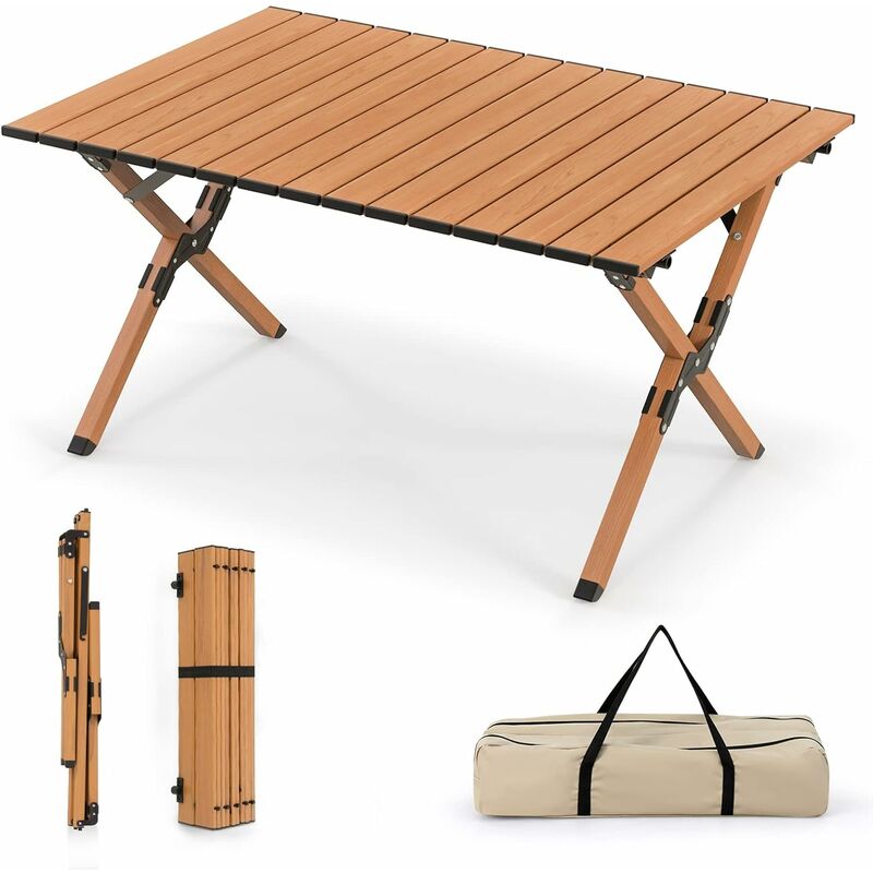 Table de Camping Enroulable 89×59x45cm-Table de Pique-Nique Pliante Aluminium avec Sac de Transport pour Camping Marron - Goplus