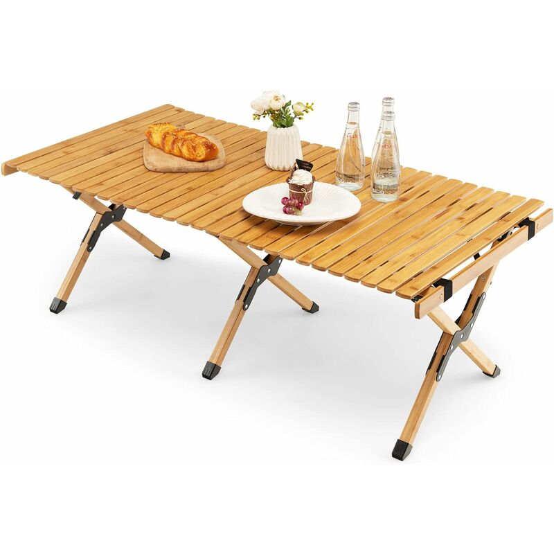Table de Camping Pliante en Bois, Table de Pique-Nique Portable avec Sac de Transport, Table en Bambou Enroulable, Table de Camping de Voyage en