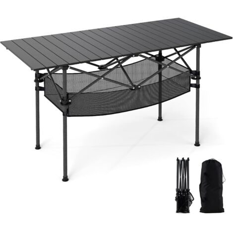GOPLUS Table de Camping Pliante Extérieure avec Dessus Enroulable en Alu. Ultra Legere, Table de Pique-Nique avec Sac Transport pour Voyage, Barbecue, Randonnée,119 x 55 x 69 CM, Max. 100 KG (Noir)