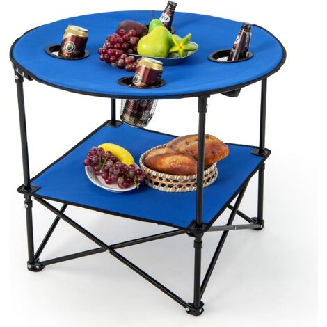 GOPLUS Table de Camping Pliante, Table de Pique-Nique Pliable avec 4 Porte-gobelets, Étagère de Rangement Ronde Légère et Portable avec Sac de Transport, pour Barbecue, Camping, Plage