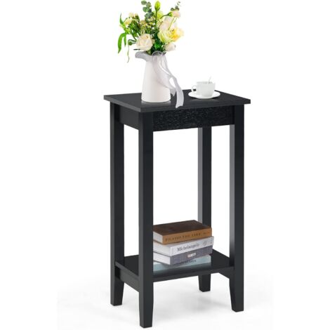 GOPLUS Table de Chevet a 2 Niveaux avec Pieds en Bois,Table d'Appoint Pratique Style Vintage,Meuble sur Pied en MDF,Armoire de Rangement,pour Chambre Salon Cuisine et Couloir (Noir)