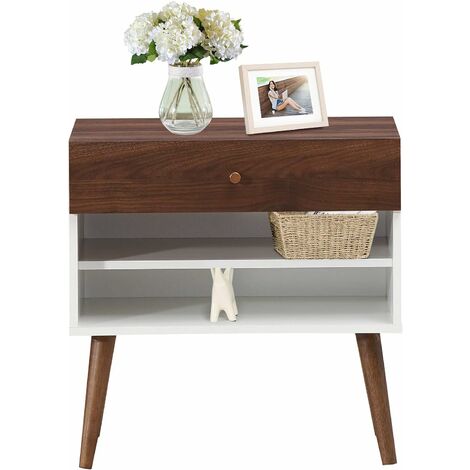 GOPLUS Table de Chevet avec 1 Tiroir et 2 Étagères Ouvertes, Table de Nuit avec Poignée et Pieds en Bois Massif, Bout de Canapé Multifonctionnel pour Chambre à Coucher, Salon, 60X37,5X60 CM