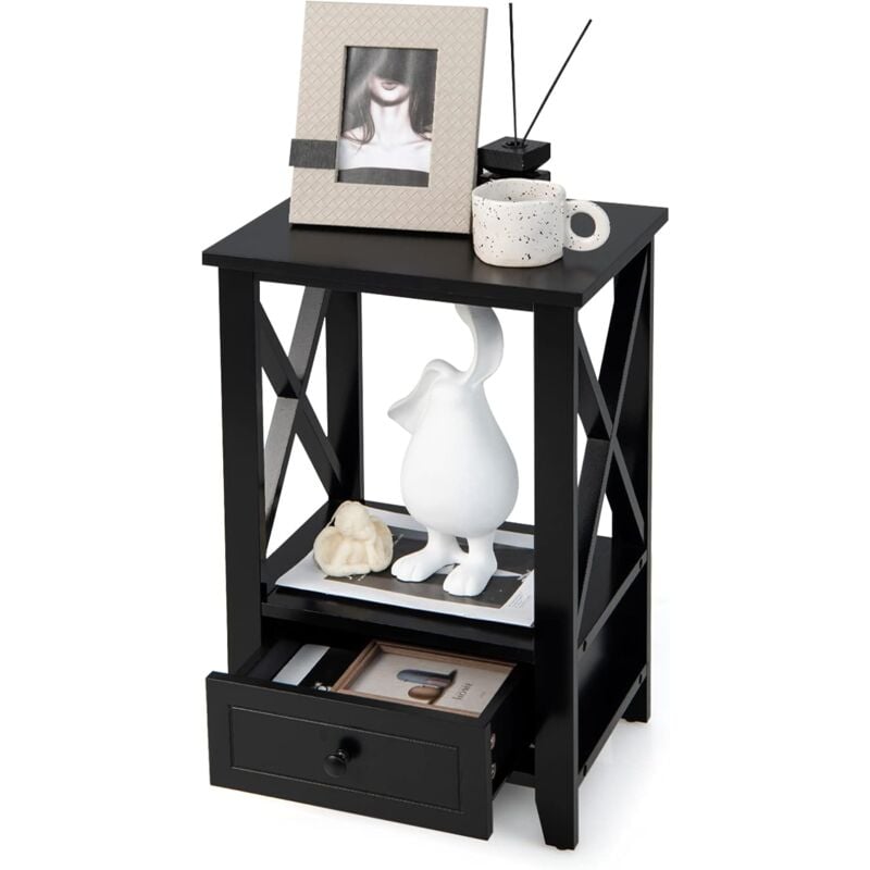 Goplus - Table de Chevet avec 1 Tiroir à Poignée et 1 étagère, Table de Nuit avec Structure en x Renforcée, Bout de Canapé Multifonctionnel pour