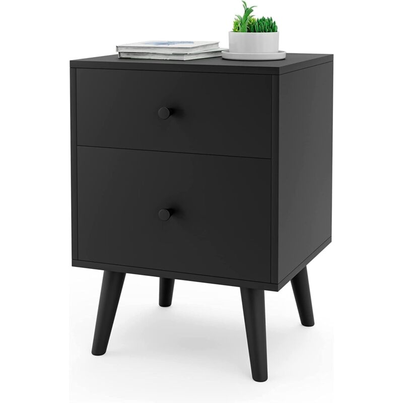 Goplus - Table de Chevet avec 2 Tiroirs et 1 Plateau 45x40x62 CM-Table de Nuit avec Poignée Exquis et Pieds en Bois Massif-Noir
