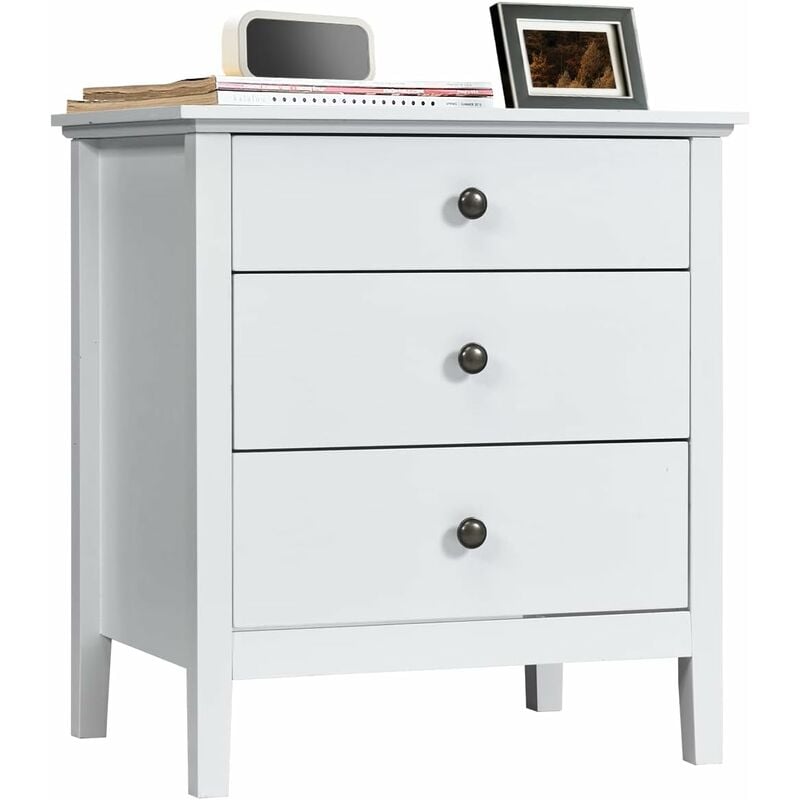 Table de Chevet avec 3 Tiroirs, Table de Nuit, pour Chambre, Salon, 60 x 45 x 66 cm (Blanc) - Goplus