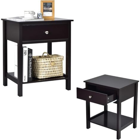 GOPLUS Table de Chevet avec Tiroir de Rangement et Étagère Ouverte, Table de Nuit Rectangulaire avec Tablette Spacieuse et Poignée Pratique, Surface Étanche, pour Chambre à Coucher (Noir)