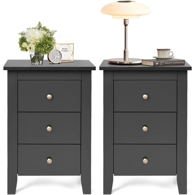 Lot de 2 Table de Chevet avec 3 Tiroirs 46x37x65 CM-TabledeNuitStyle Moderne pour Chambre à Coucher/Salon/Bureau Noir - Goplus