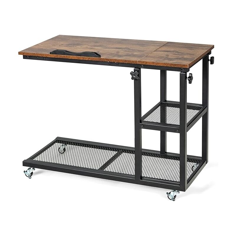 GOPLUS Table de Chevet Réglable en Forme de C avec Plateau Inclinable, Roues Pivotantes à 360° et Étagère de Rangement