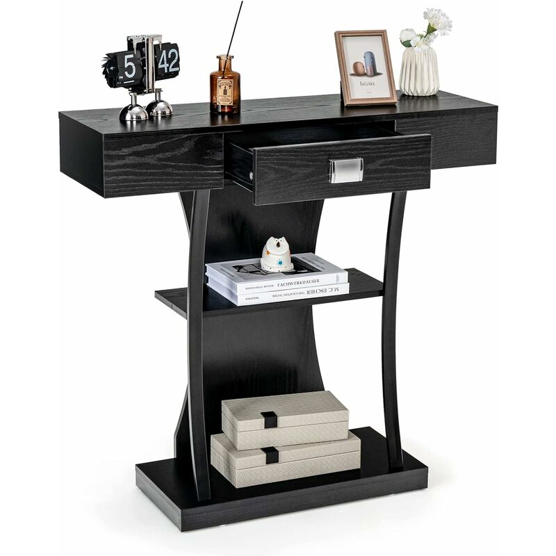 Table de Console 91X30X88 cm Industirelle à 3 Niveaux, Table d'Entrée avec Tiroir & Dispositif Anti-Basculement, Noir - Goplus