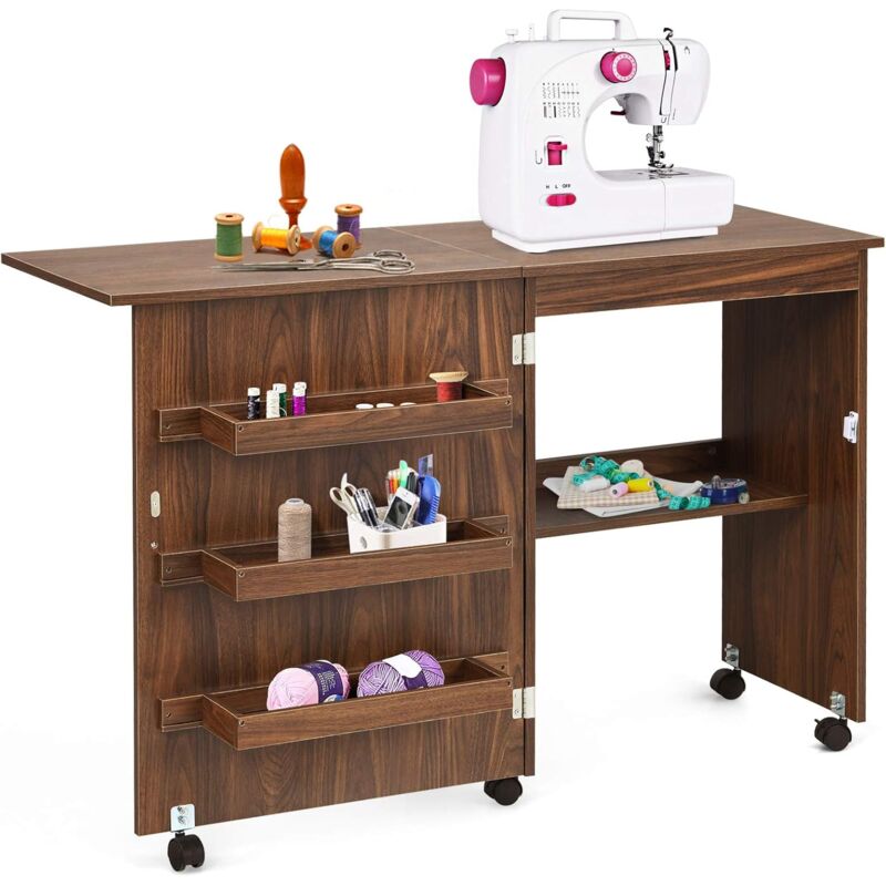 Goplus - Table de Couture Pliante -3 Bacs+1 Etagère - Roulettes Verrouillables - Portes magnétiques - 118,5x40x79,5CM,Brun