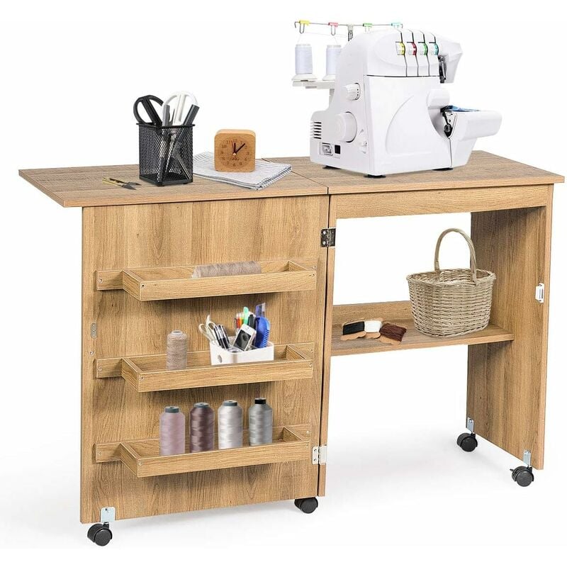 Goplus - Table de Couture Pliante -3 Bacs+1 Etagère - Roulettes Verrouillables - Portes magnétiques - 118,5x40x79,5CM,Naturel