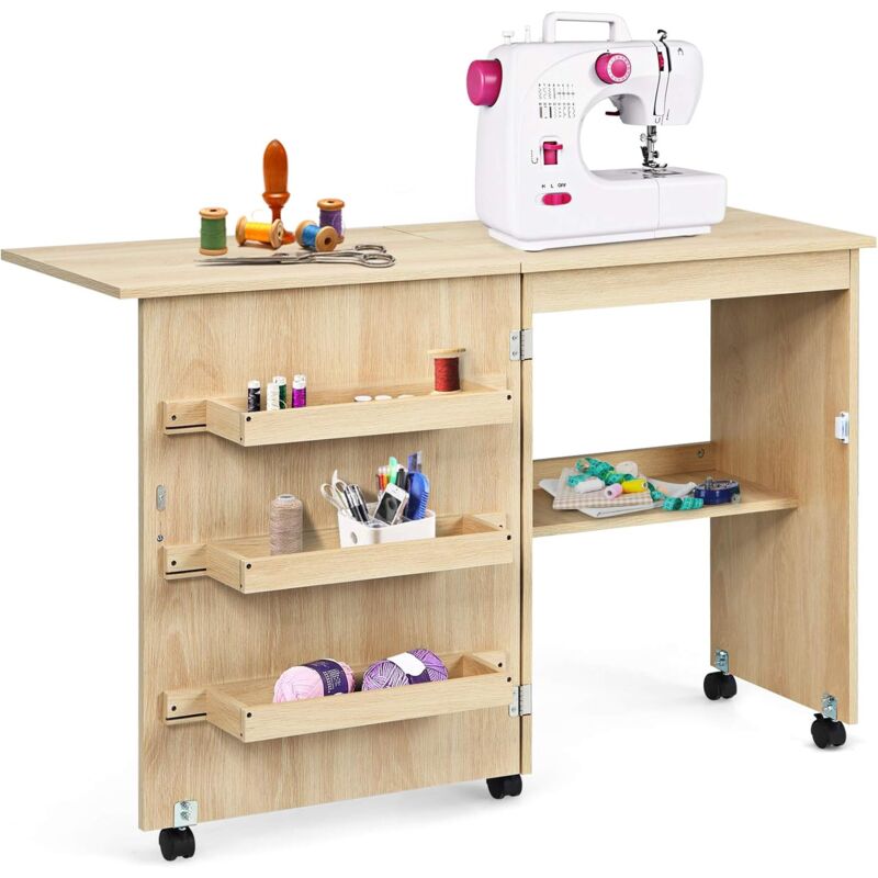 Goplus - Table de Couture Pliante -3 Bacs+1 Etagère - Roulettes Verrouillables - Portes magnétiques - 118,5x40x79,5CM,Brun Clair