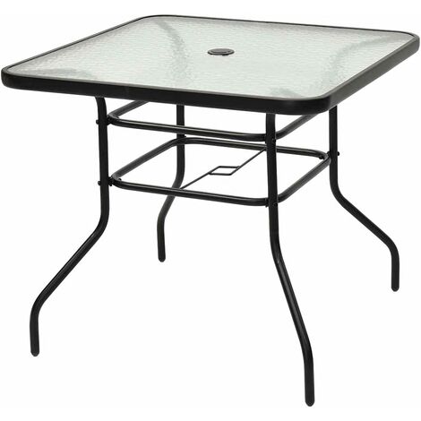 Goplus – Table de jardin carrée 80x80x70,5cm – Plateau en verre trempé – Trou de parasol 51mm – Charge 75kg pour terrasse ou balcon - 75KG-pour