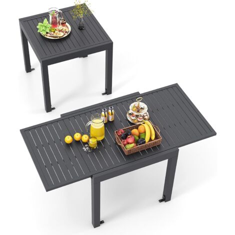 Goplus – Table de jardin extensible 80-160 cm – Aluminium gris foncé – Pour 4 à 6 personnes – Plateau à lattes pour drainage rapide