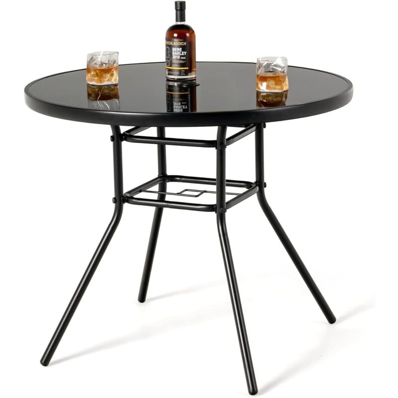 Table de Jardin Ronde 86 cm, Table d' Extérieure avec Trou pour Parasol, Table à Manger en Verre Trempé avec Cadre en Métal, Table de Bistro pour