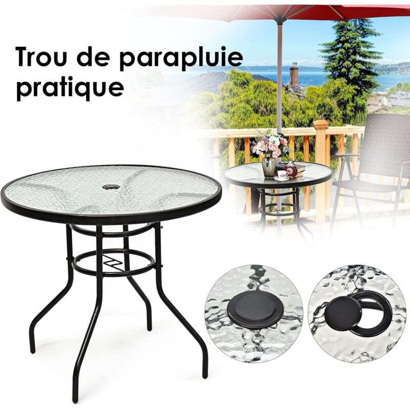 Table de Jardin Ronde D80xH71CM-Plateau en Verre Trempé à Eau avec Trou de Parasol-Charge 75KG-pour Terrasse/Balcon - Goplus
