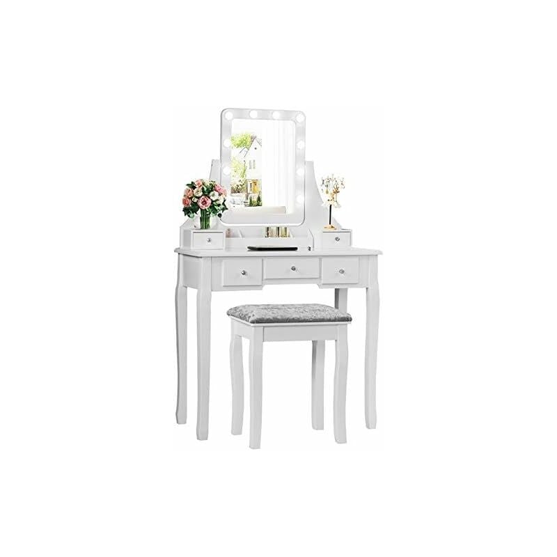GOPLUS Table de Maquillage en Bois, Ensemble de Coiffeuse et de Tabouret avec Miroir Pivotant,Luminosites Reglables, 5 Tiroirs, Boîte de Rangement,