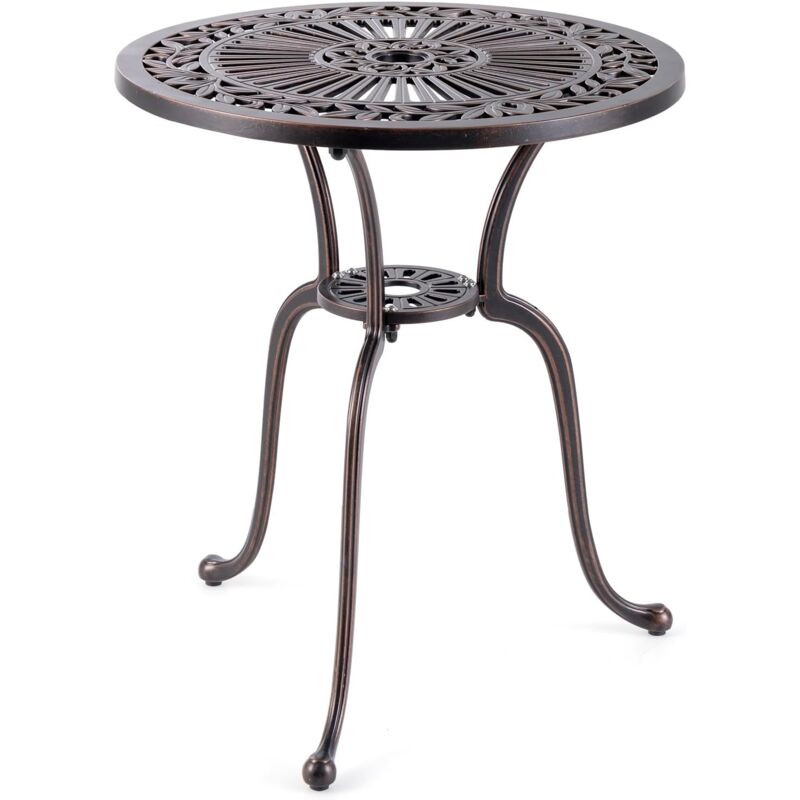 Table de Patio en Aluminium Moulé, Table de Bistro Ronde de 61 cm avec Trou pour Parasol, Motifs Rétro & Patins de Pied Réglables, Table Extérieure