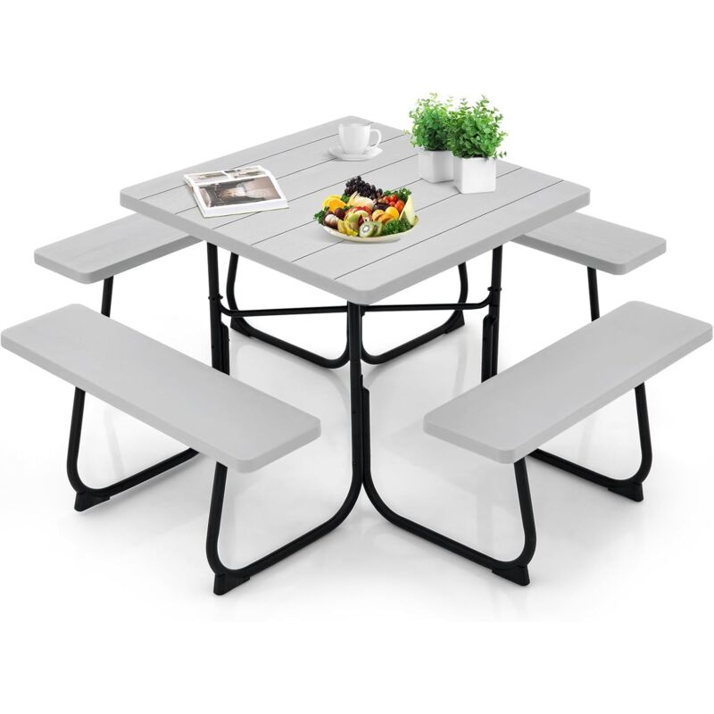 Table de Pique-Nique avec 4 Bancs Intégrés pour 4 à 8 Personnes, Table de Jadin en hdpe avec Trou pour Parasol, Table de Camping Carrée en Plein Air,