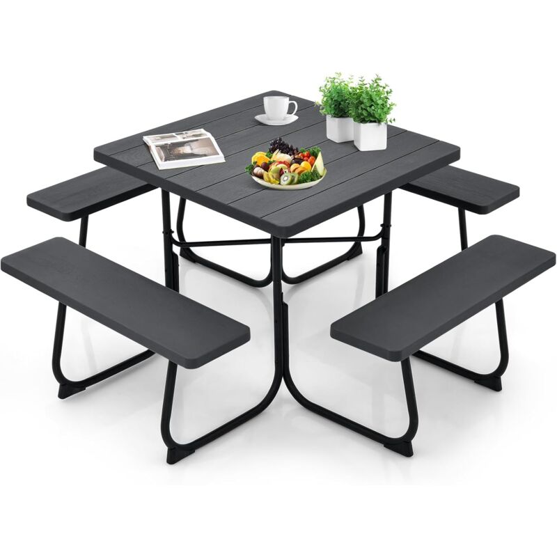 Table de Pique-Nique avec 4 Bancs Intégrés pour 4 à 8 Personnes, Table de Jadin en hdpe avec Trou pour Parasol, Table de Camping Carrée en Plein Air,