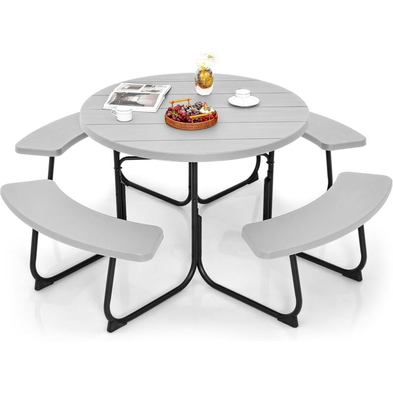 Table de Pique-Nique avec 4 Bancs Intégrés, Trou de Parasol, Cadre en Acier, Plateau hdpe, Ensemble de Table et Bancs Rond pour 8 Personnes pour
