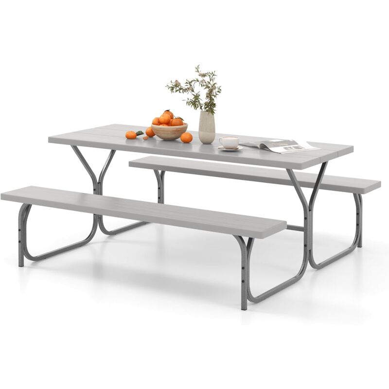 Table de Pique-Nique de 183 cm et Banc pour 8 Personnes, Trou pour Parasol Intégré, Plateau en hdpe Toutes Saisons, Cadre en Métal, pour Jardin,