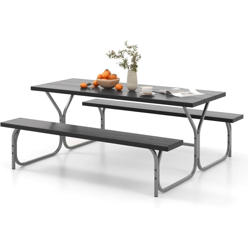 Table de Pique-Nique de 183 cm et Banc pour 8 Personnes, Trou pour Parasol Intégré, Plateau en hdpe Toutes Saisons, Cadre en Métal, pour Jardin,