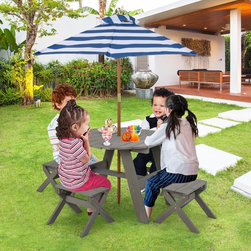 Table de Pique-Nique Enfant avec 4 Tabourets et Parasol Amovible, 1 Table et 4 Chaises Salon de Jardin en Bois pour Enfant 3+ Ans, pour Extérieur