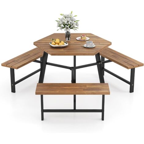 GOPLUS Table de Pique-Nique Jardin Exterieure en Bois d'Acacia FSC pour 6 Personnes avec 3 Bancs Intégrés, Salon de Jardin Meuble Table Hexagone et Banc Salle à Manger d'Extérieur avec Trou Parasol