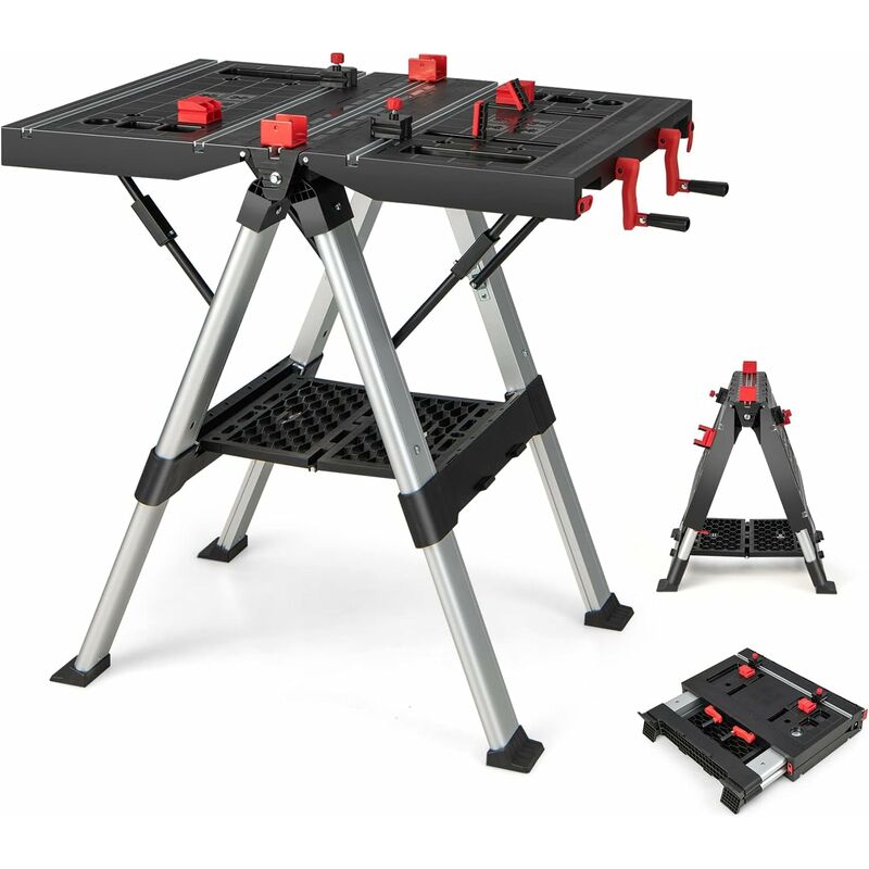 Goplus - Table de Travail et Chevalet Pliant Portable,établi Multifonctionnel avec Système de Serrage,2 Hauteurs Réglables,pour Bricolage,Rouge+Noir