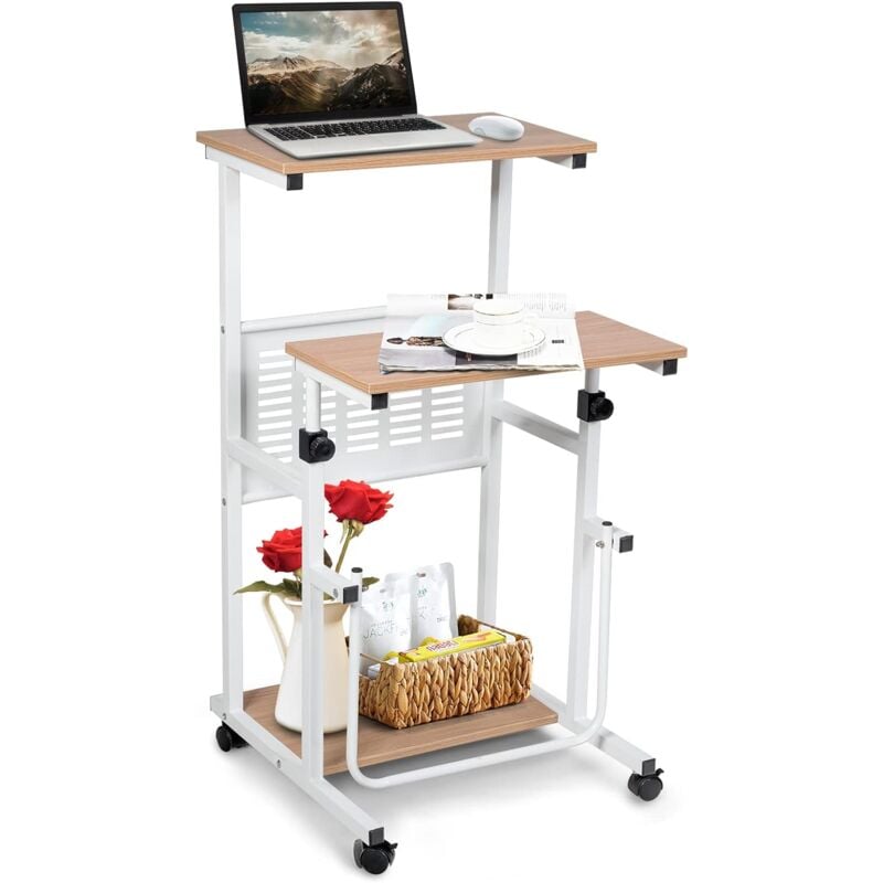 Table d'Ordinateur Reglable 68-98cmavec Repose-Pieds et 4 roulettes,Bureau d'Ordinateur pour Petits Espaces,Etageres de Rangement Inferieures,Poste