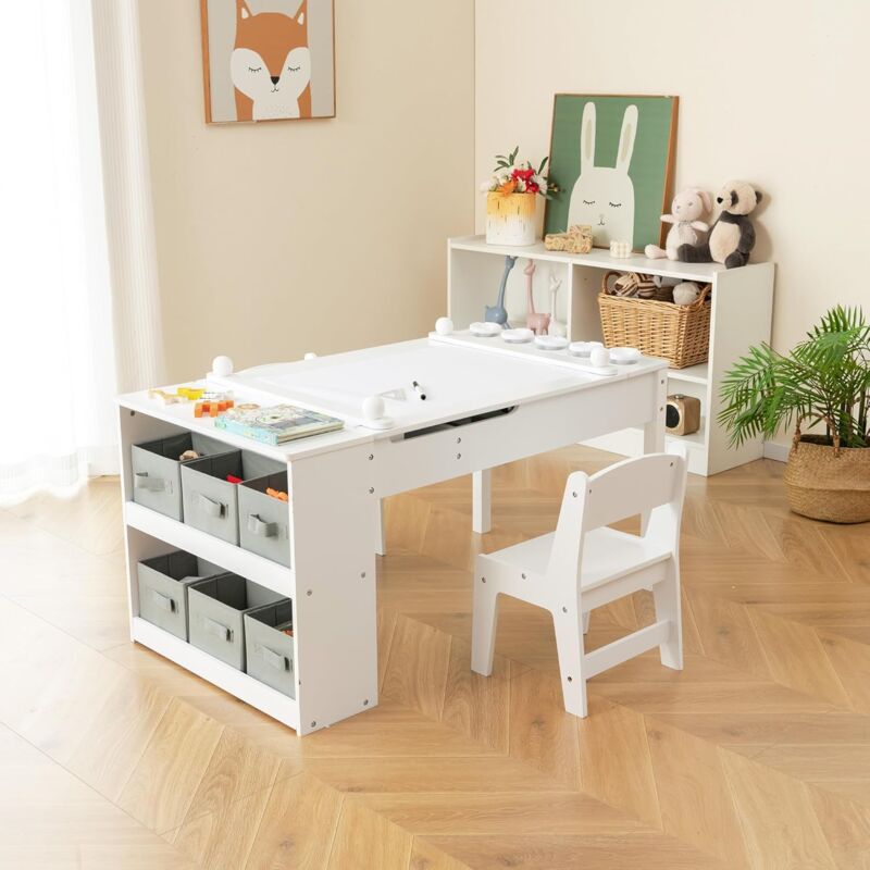 Table Enfant 3 Ans+ 2 Chaises-Plateau Relevable-Table d'Activité-6 Bacs de Rangement-5 Pots à Peinture-Blanc - Goplus