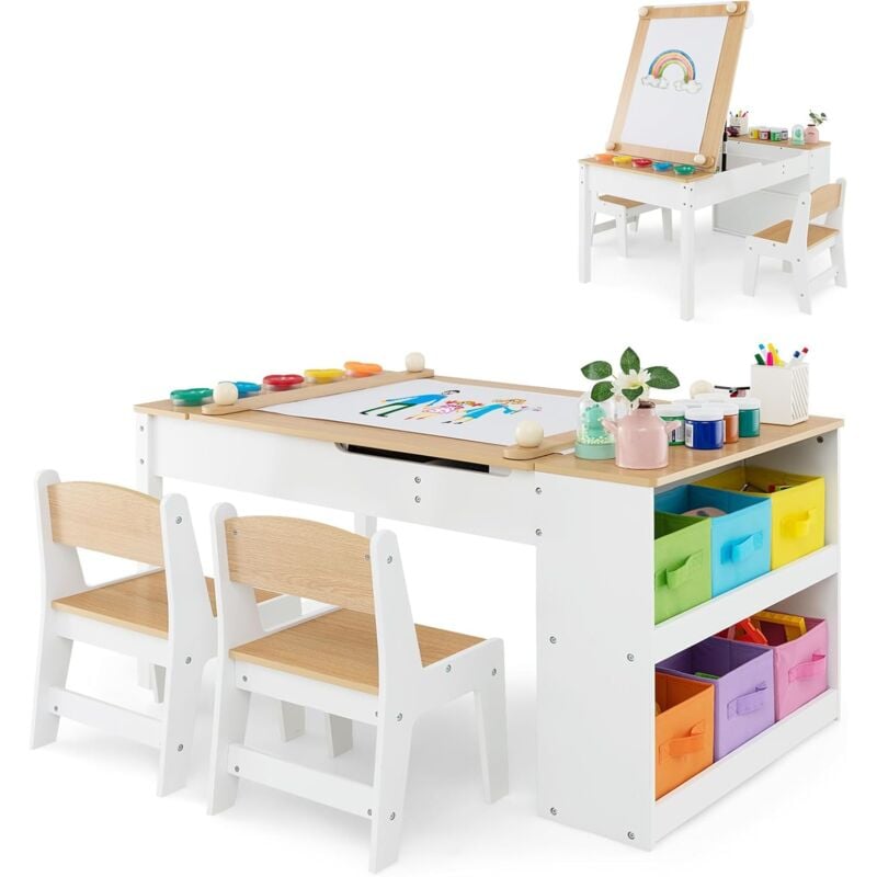Table Enfant 3 Ans+ 2 Chaises-Plateau Relevable-Table d'Activité-6 Bacs de Rangement-5 Pots à Peinture-Naturel - Goplus