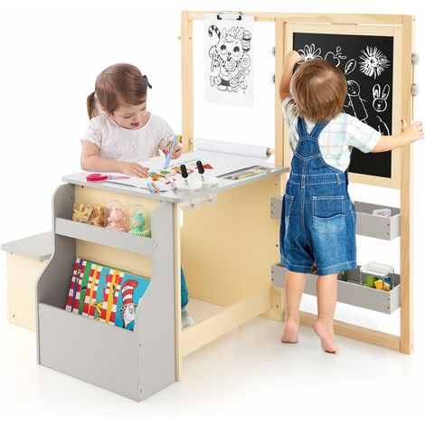 GOPLUS Table Enfant 3 Ans+ avec Chaise et Tableau Blanc Noir Réglable + Rangement-Rouleaux de Papier Interchangeables Gris