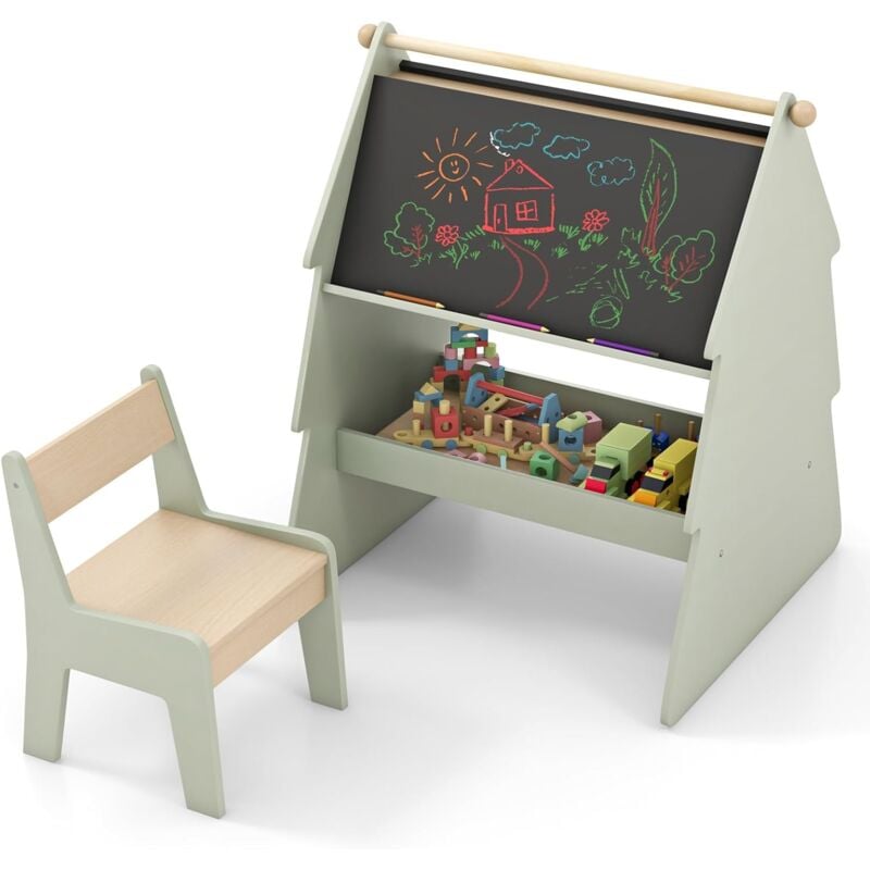 Goplus - Table Enfant avec Chaise, 2 en 1 Table à Dessin pour Enfant, avec Rouleau de Papier et Étagère de Rangement, Tableau Chevalet Enfant Double