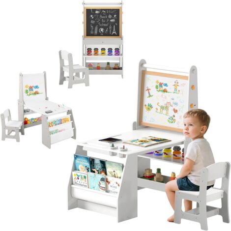 GOPLUS Table Enfant avec Chaise, Table à Dessin en Bois avec Tableau Noir/Blanc, Rouleau de Papier, Gomme, Craies, Gobelets de Peinture, Bureau Enfant en Bois avec Étagère (Gris)