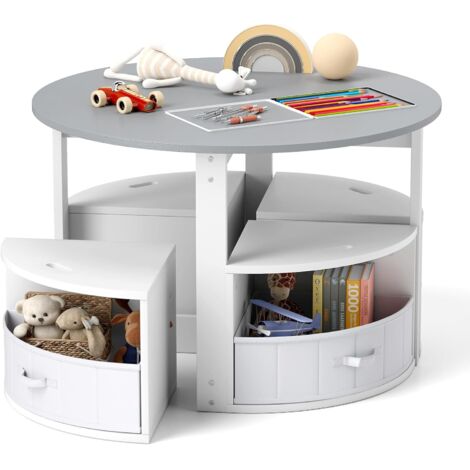 GOPLUS Table Enfant avec Rangement, 4 Tabourets Empilables, 4 Tiroirs en Tissu et Patins Antidérapants, Table d'Activités Enfant Ronde en Bois pour 3+ Ans, pour Jouer Dessiner Manger (Gris)